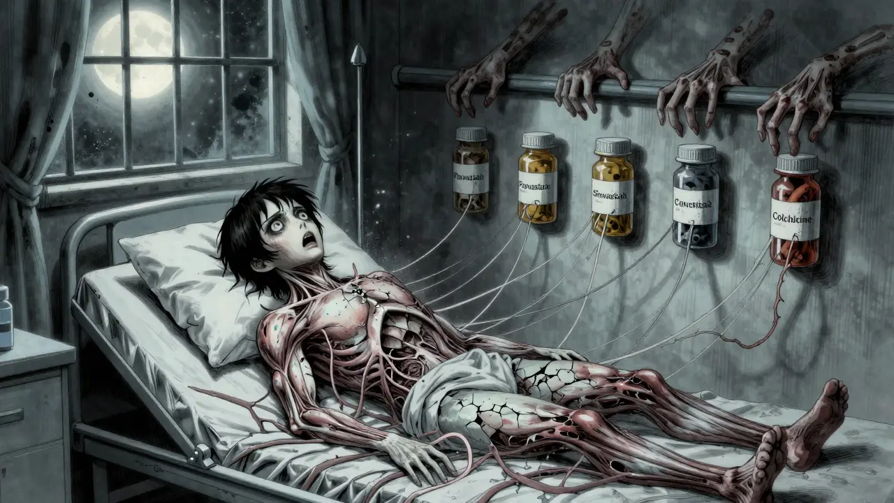 A patient half-turned into a porcelain doll, muscles unraveling into threads connected to prescription bottles.