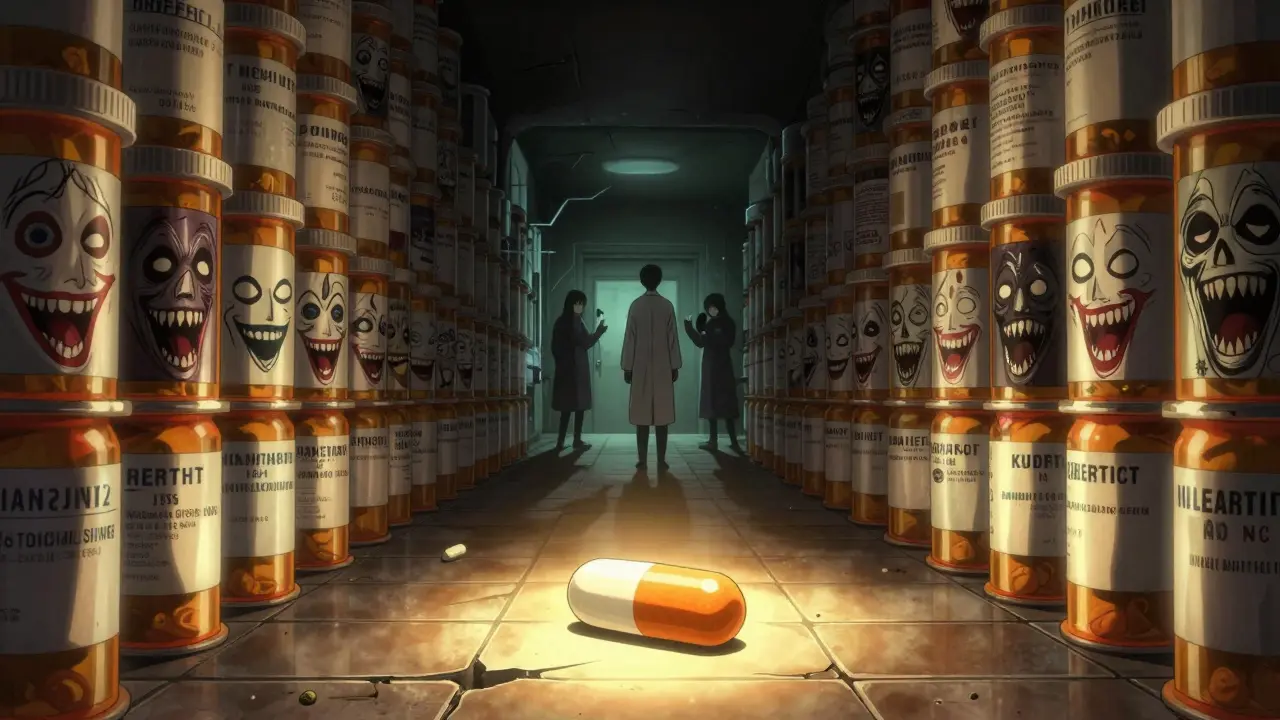 A patient in a endless hospital corridor surrounded by twisting brand-name bottle logos, with a single glowing generic pill on the floor.