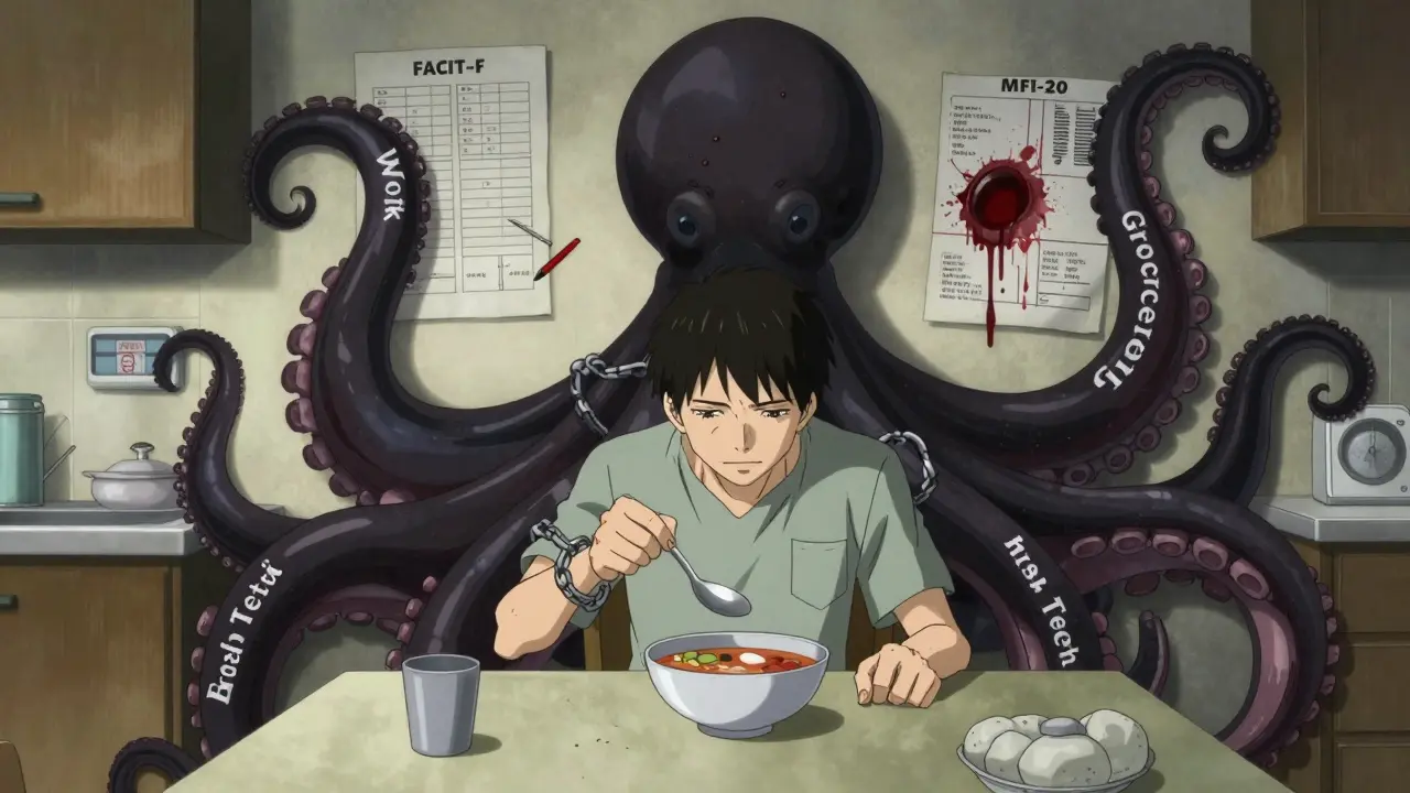 A person struggling to move a spoon, chained to a black octopus representing overwhelming fatigue.