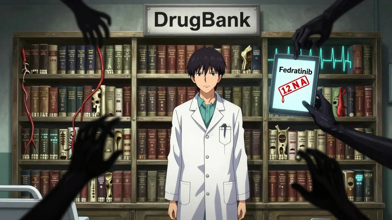 A pharmacist faces a monstrous bookshelf of bone and blood, with a pulsing tablet floating above it.