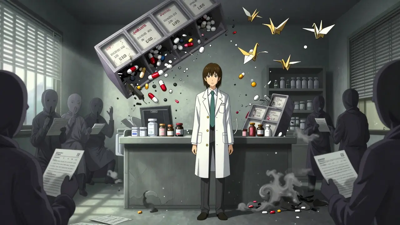A pharmacist in a chaotic room where pills turn into cranes and organizers crumble, Junji Ito style.