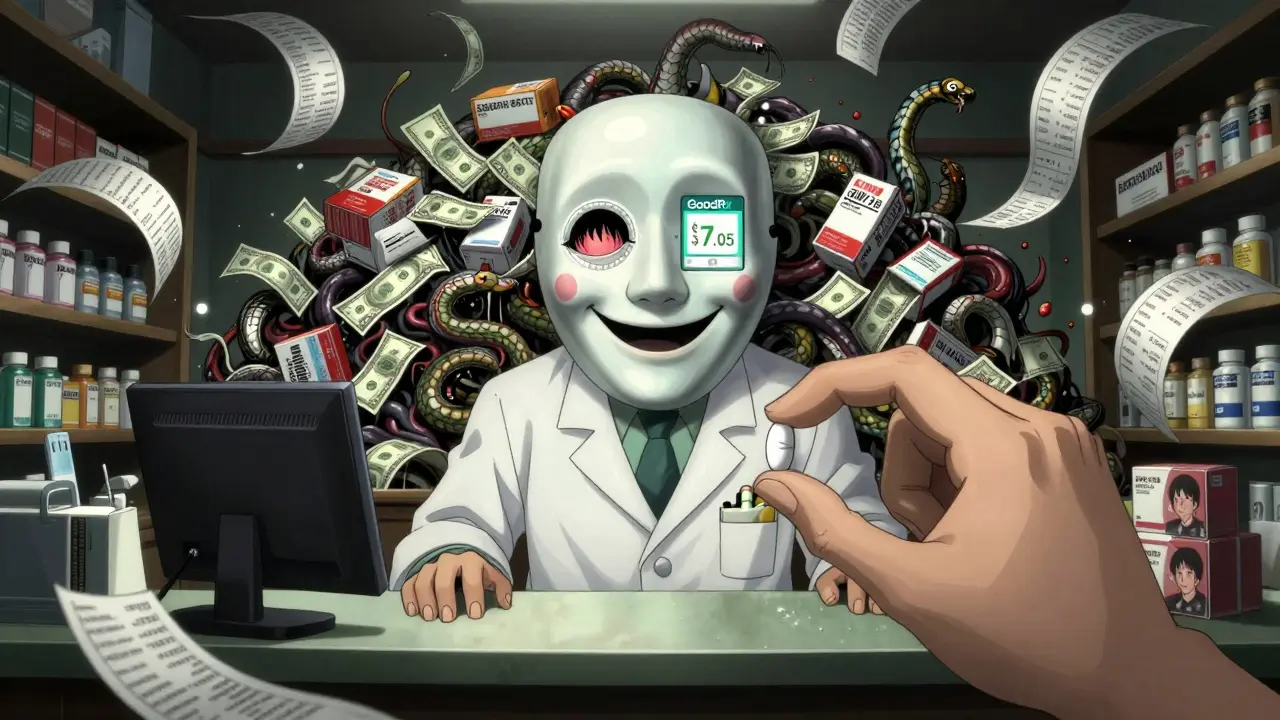 A pharmacist with a mask-like face and price-ticker eyes, behind a pile of bleeding drug boxes, as a hand takes a cheap generic pill.