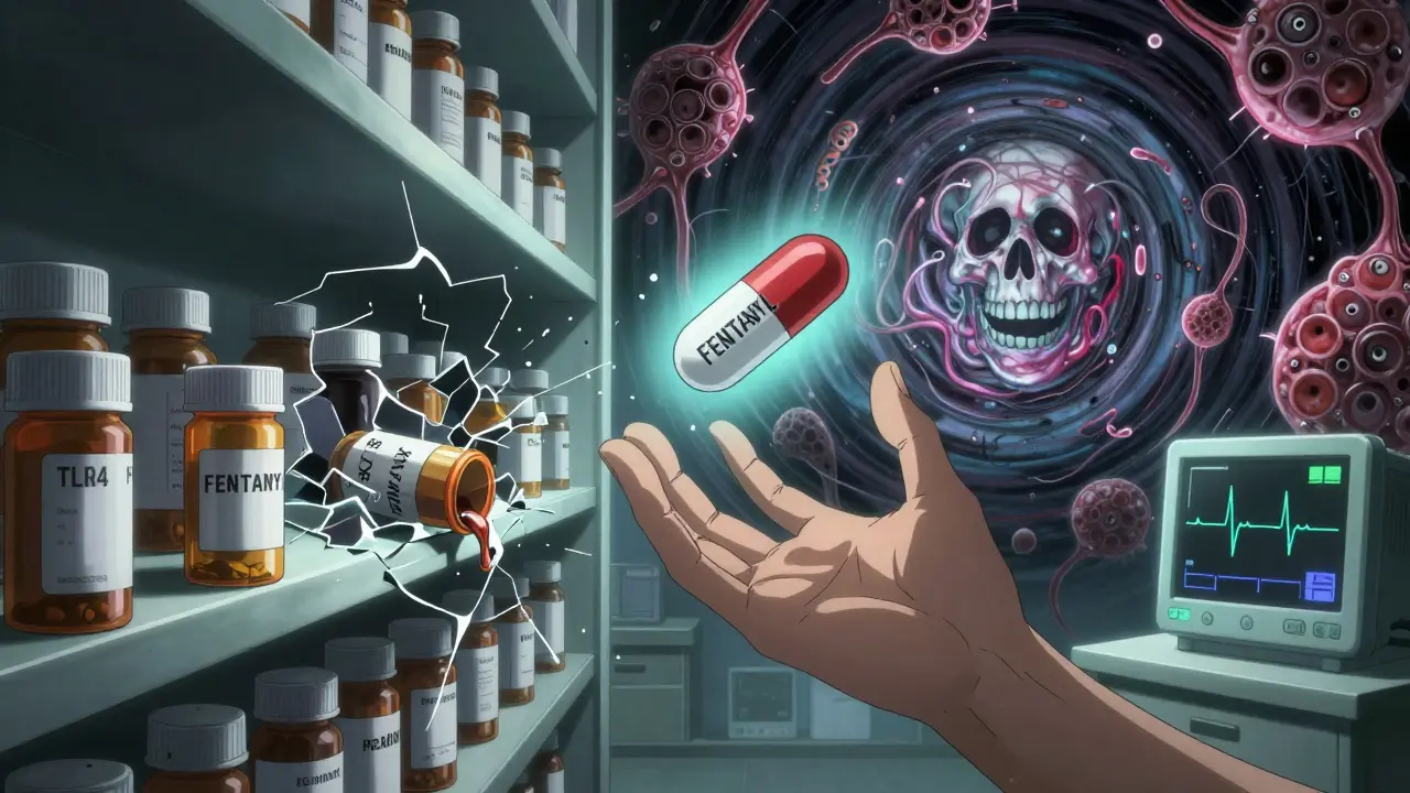 A shattered pharmacy shelf with pill labels becoming screaming faces, a fentanyl pill reflecting a skull in the dark.