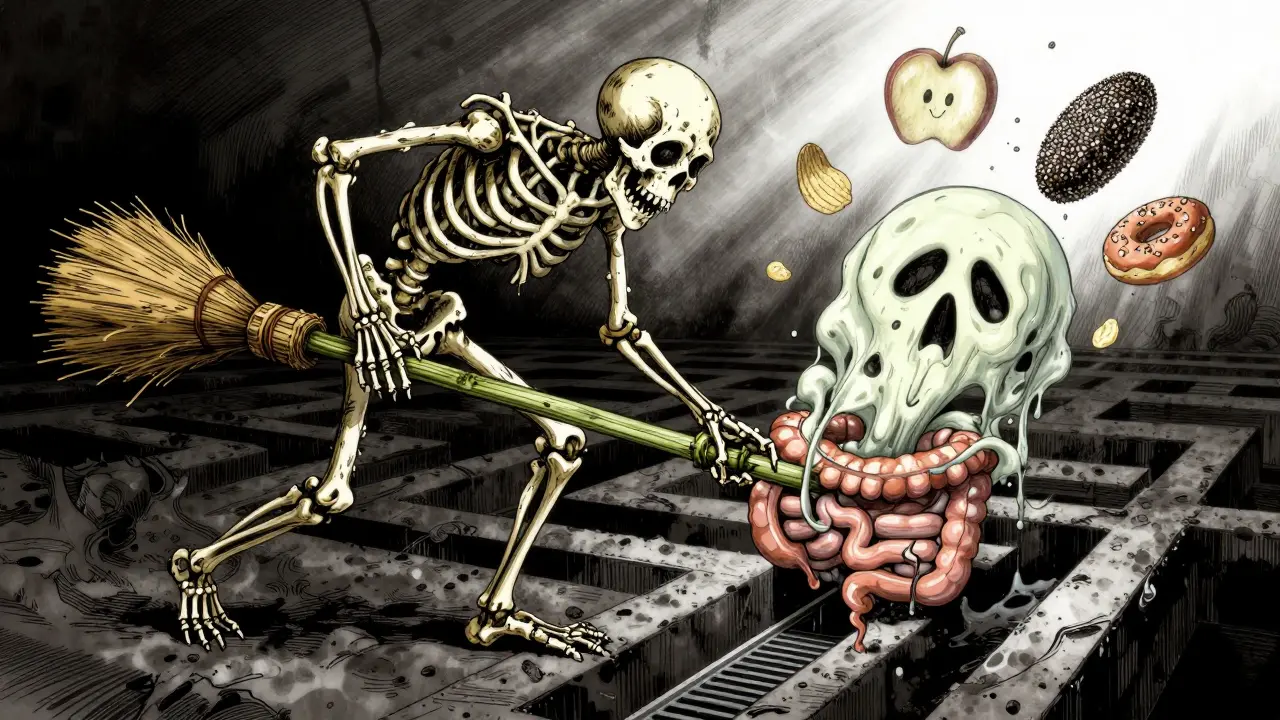 A skeletal broom made of whole grains sweeping processed foods through a dark intestine.