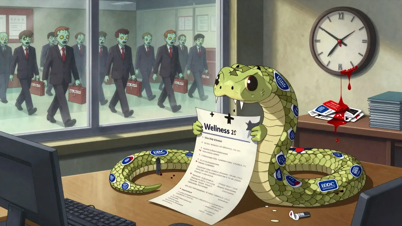 A small business owner confronted by a paper serpent made of wellness text, while employees walk like zombies carrying sick day counts.