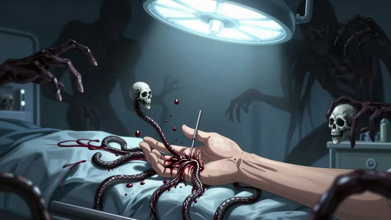 A surgical scene with cords unraveling from a needle puncture, blood droplets forming skulls in mid-air.