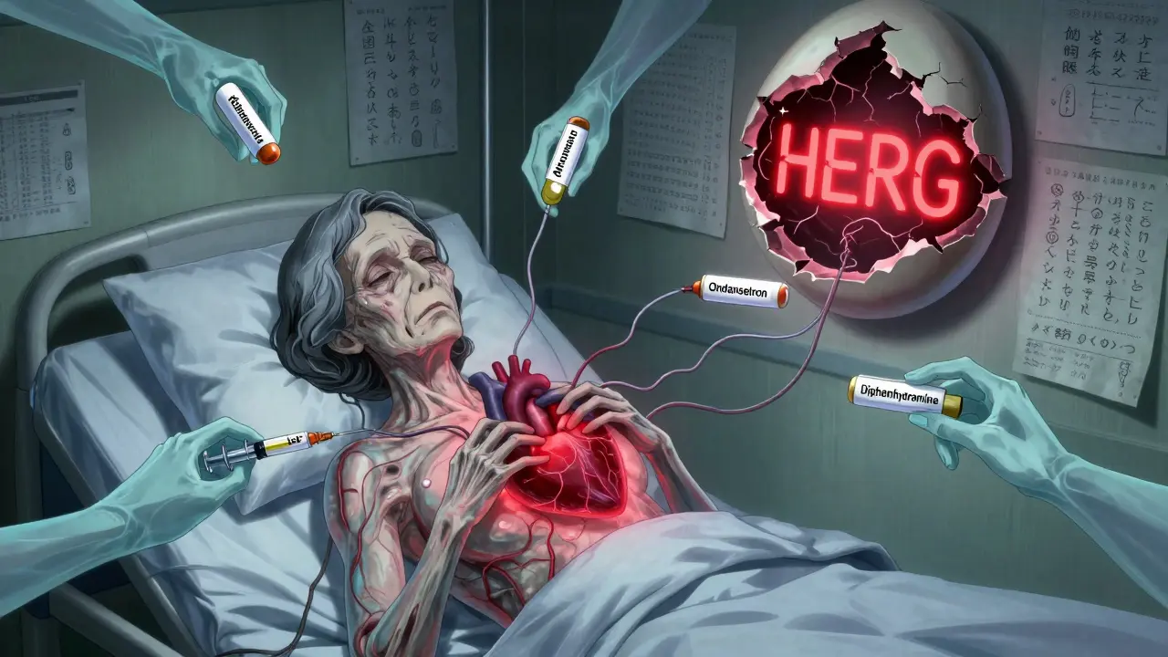 A translucent elderly woman with ghostly prescription hands gripping her chest, revealing a glowing, distorted heart and crawling medical charts.