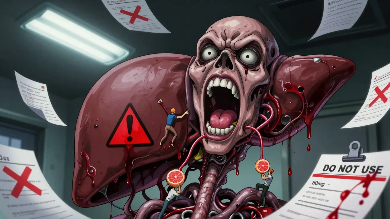 A twisted liver with a screaming face, bound by enzyme chains and dripping warning symbols.
