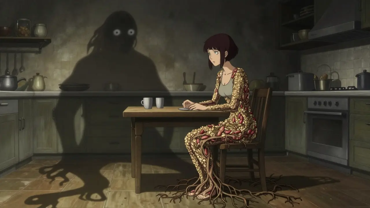 A woman transforming into a tree of fiber-rich foods while her shadow becomes junk food.