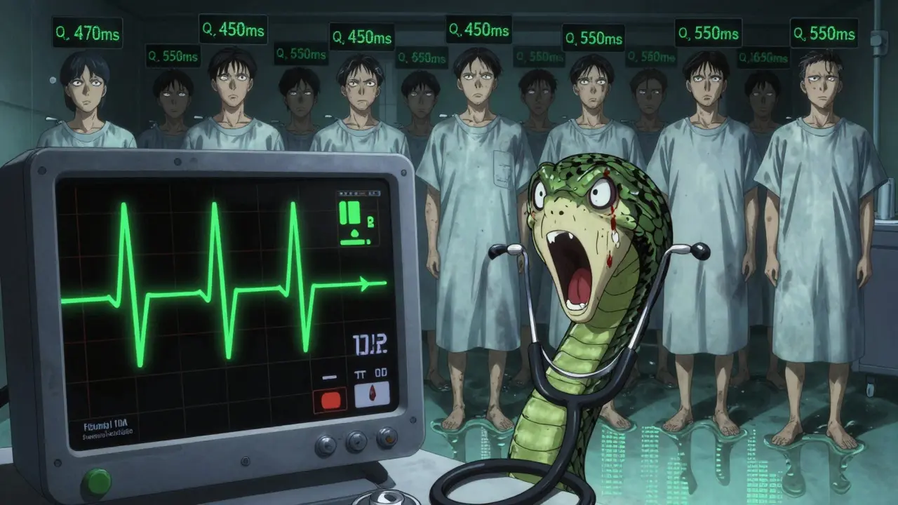 An ECG monitor's waveform twisted into a screaming serpent, surrounded by motionless patients with dangerously prolonged QT intervals displayed above them.