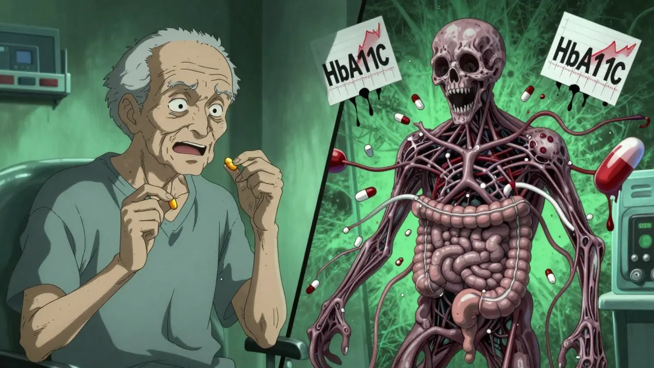 An elderly patient's body transforms into clogged intestinal transporters as metformin molecules bounce away.