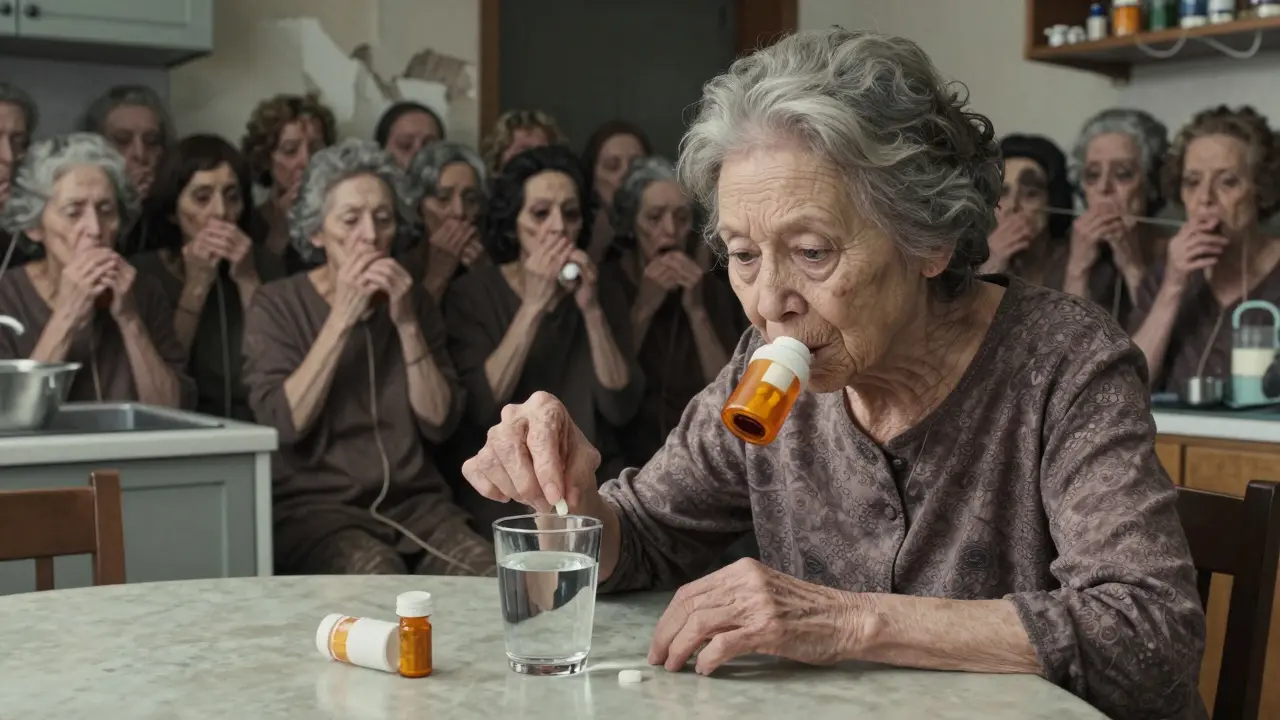 An elderly woman's water reflection shows a monstrous pile of pill bottles whispering to her.