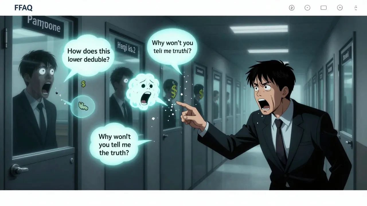 An HR manager reaching toward a glowing intranet screen filled with screaming FAQ mouths, surrounded by endless identical office doors.