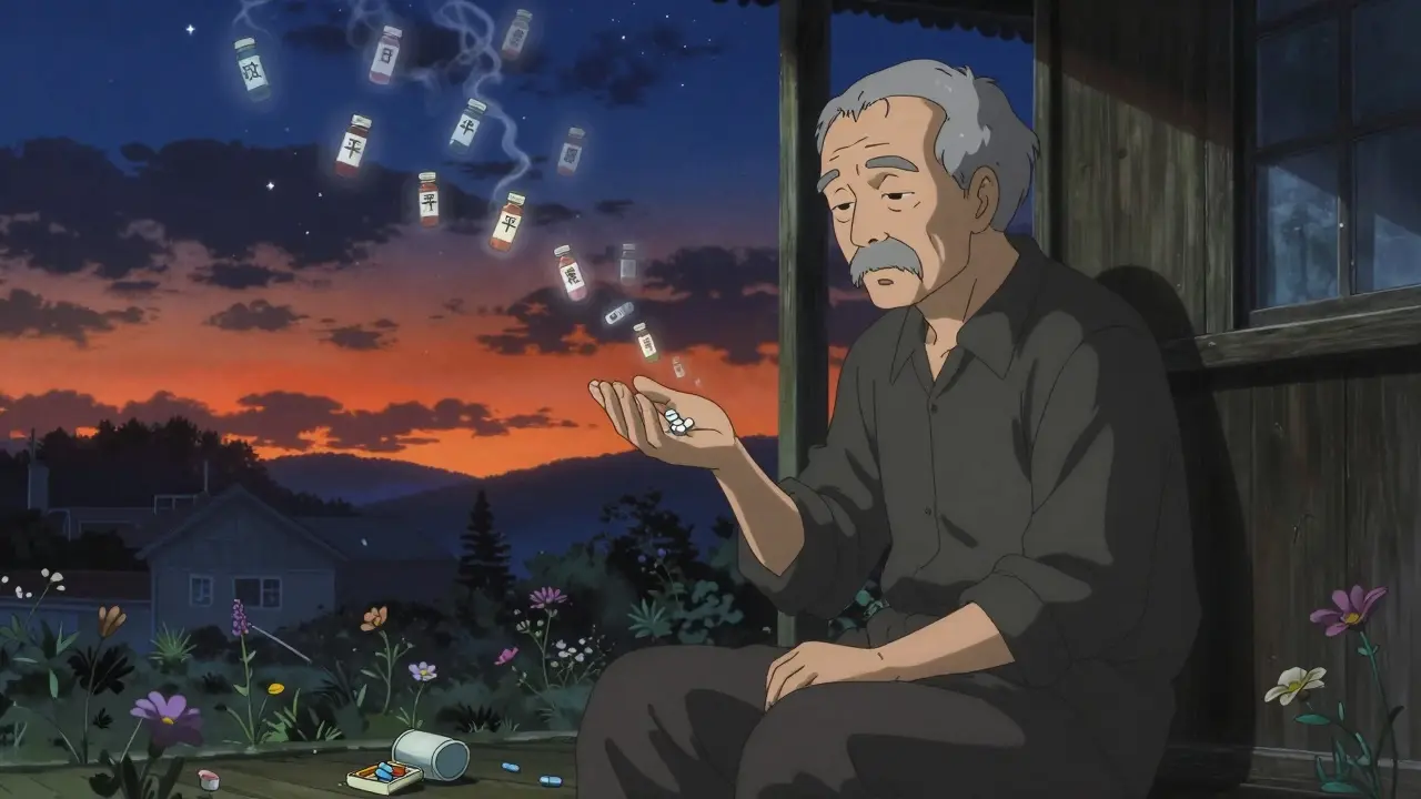 An old man on a porch holding two pills as discarded medication bottles vanish into stars, Junji Ito style.