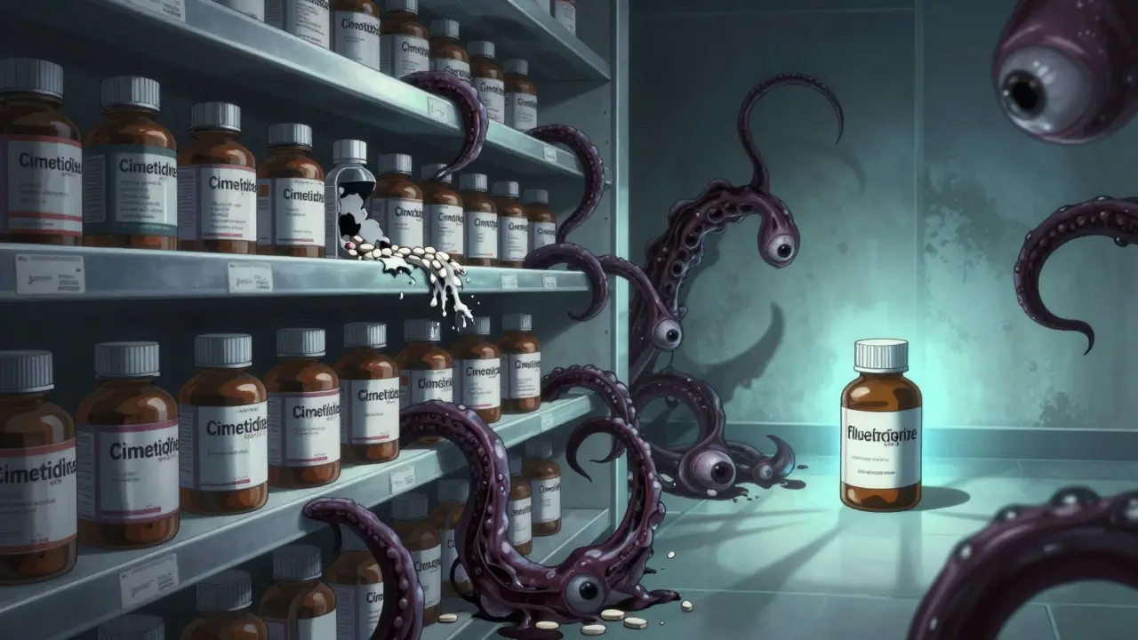 Cimetidine bottles turning into tentacles that devour antiviral pills, while fluconazole remains safe.