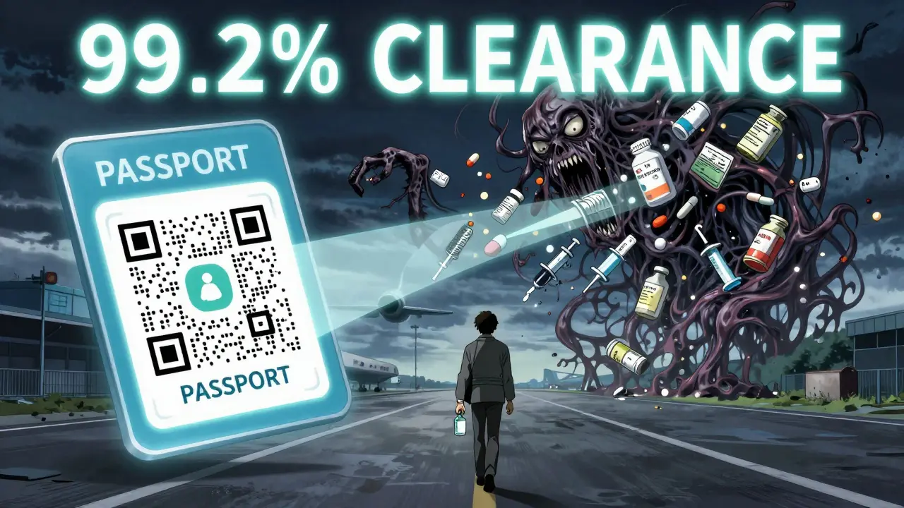 Digital QR code unraveling into a monster of prescription bottles and syringes, traveler walking away calmly.