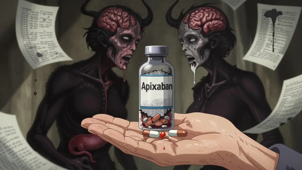 Elderly woman's hand holds two pills as her shadow becomes a monstrous hybrid of stomach and brain hemorrhages.