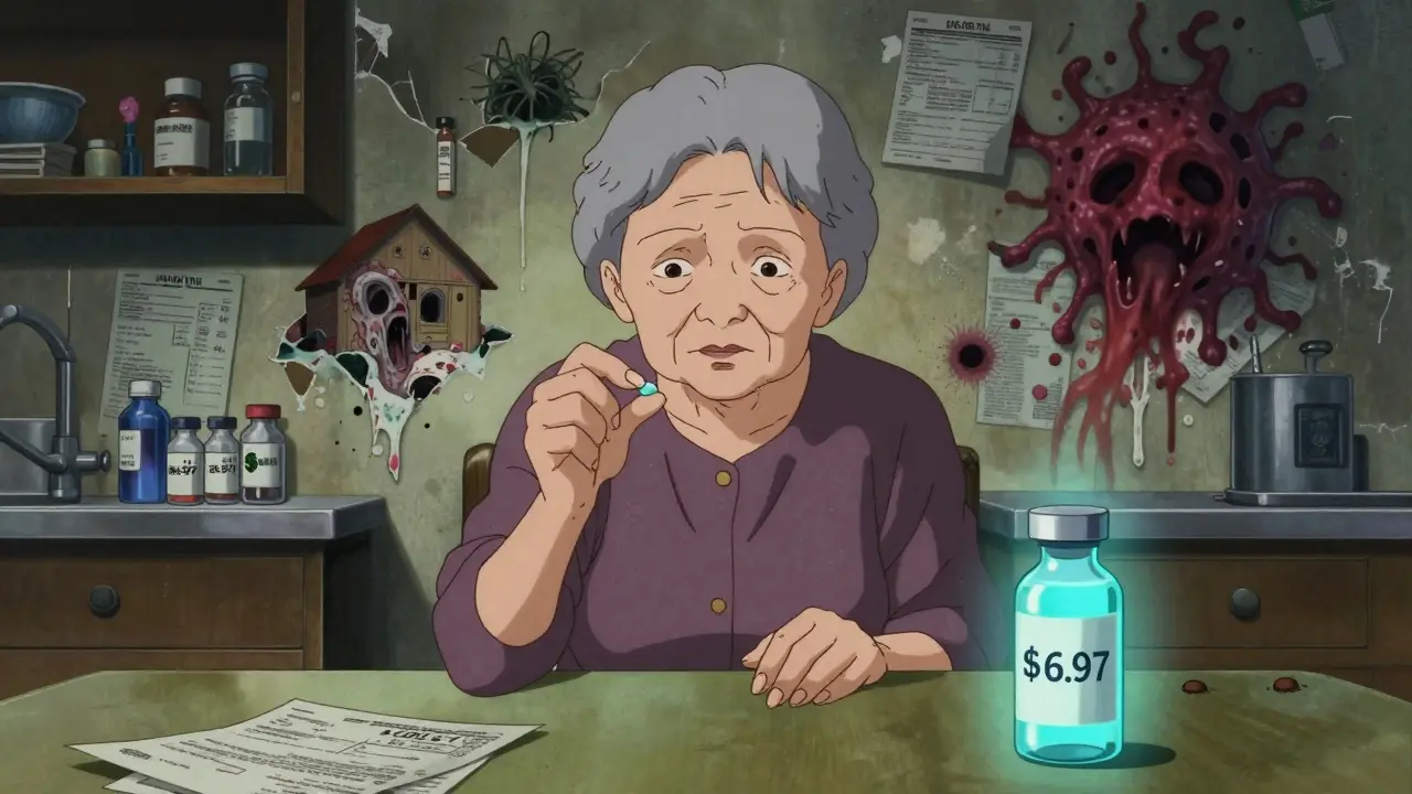 Elderly woman holding cheap generic pill as walls reveal lives saved by savings