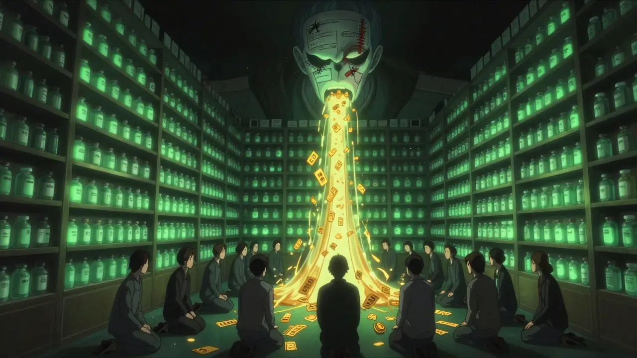 Endless pharmacy shelf with glowing generic pills and a monstrous rebate entity