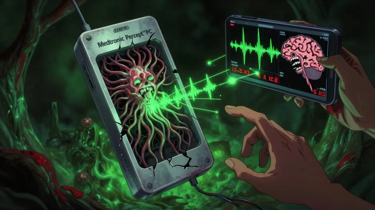 Futuristic DBS device with writhing neural tendrils connecting to a smartphone showing screaming brainwaves.