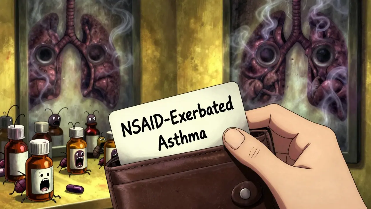 Hand holding safety card as screaming pill bottles crawl out, mirror reflects hollow eyes filled with bronchial tubes.