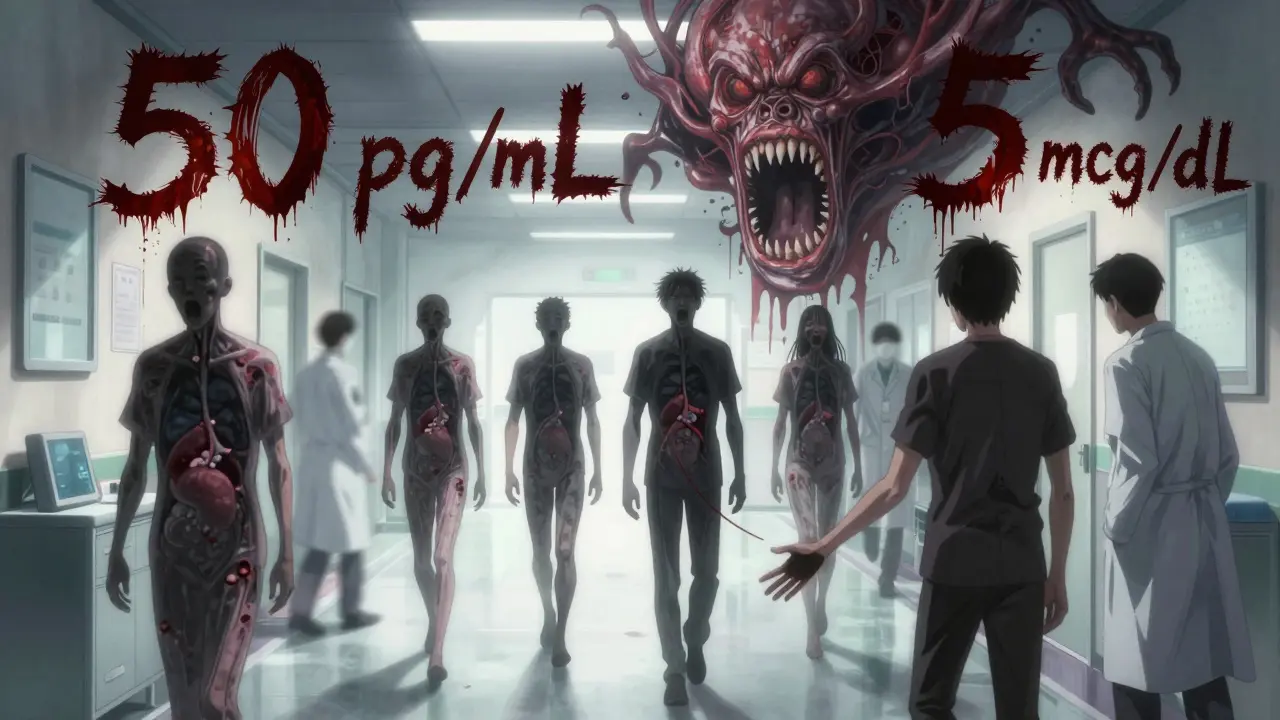 Hollow patients walk through a hospital corridor as a giant ACTH monster looms, their adrenal glands crumbling inside.