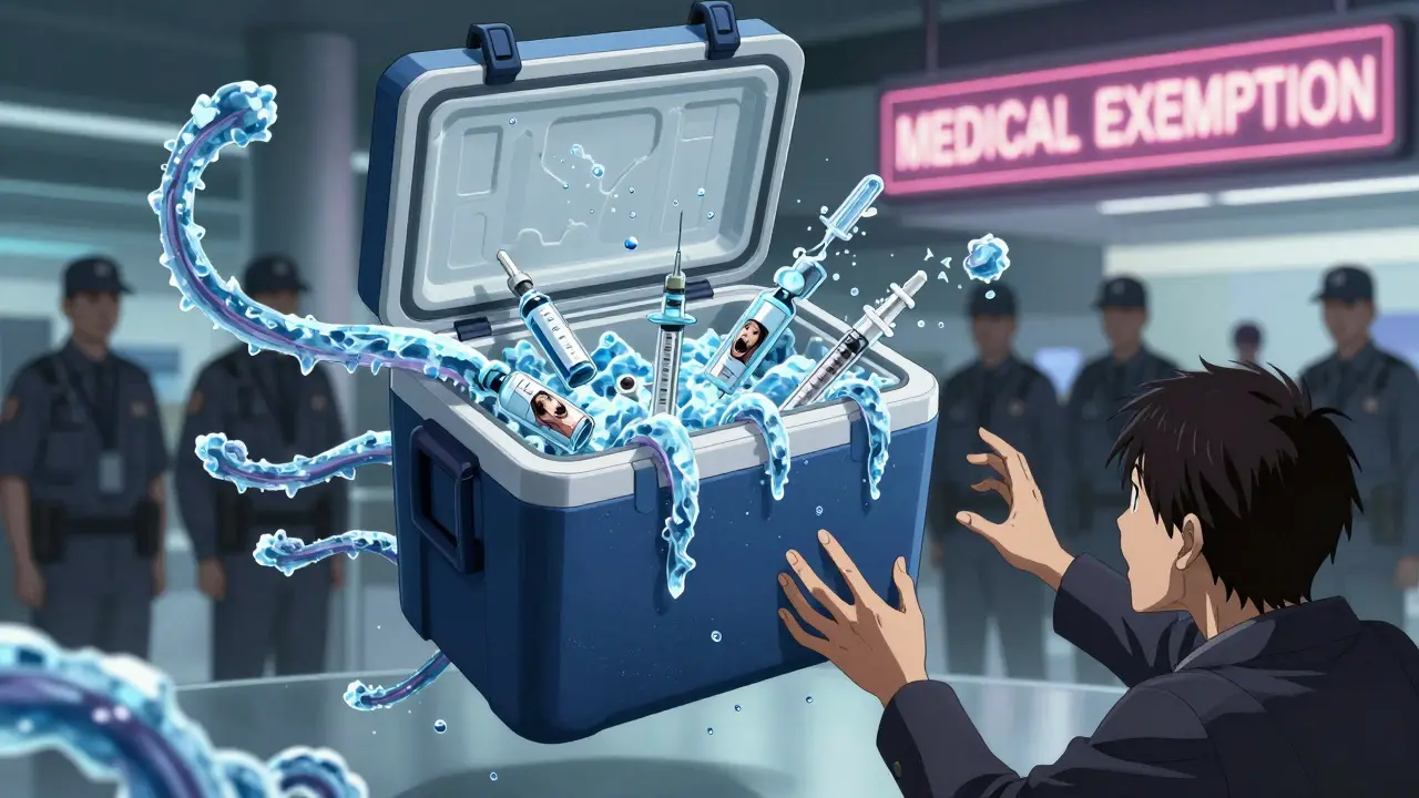 Insulated cooler with icy tentacles wrapping around insulin vials and syringes under fluorescent airport lights.