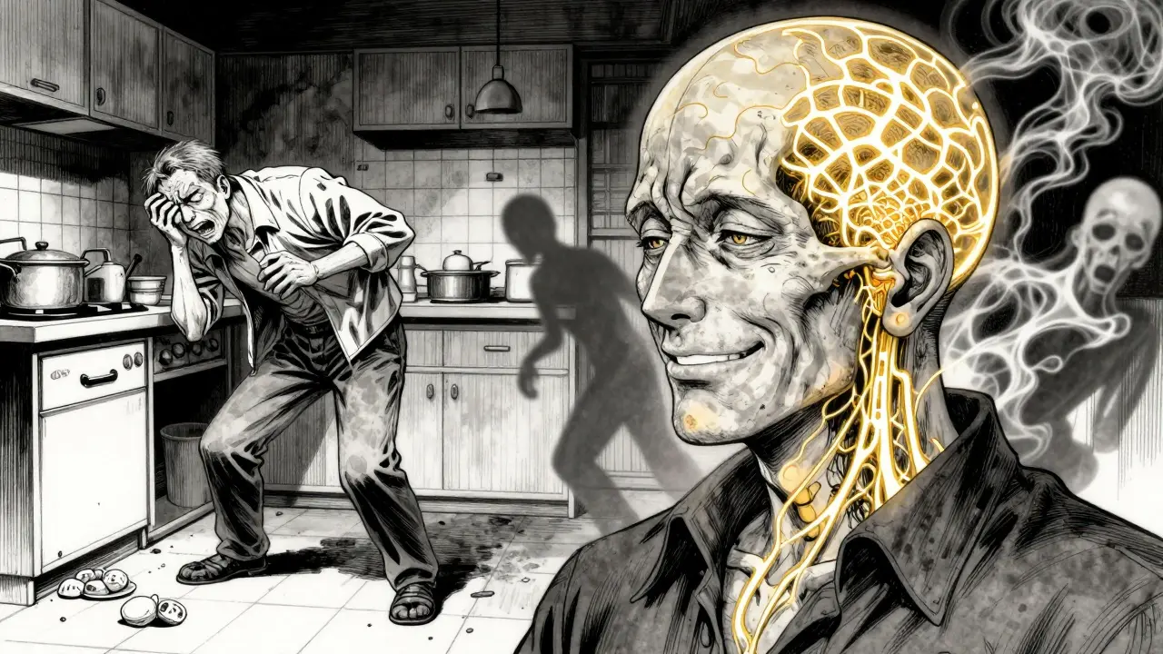 Man trembling in kitchen vs. same man calm with golden neural currents from chest implant.