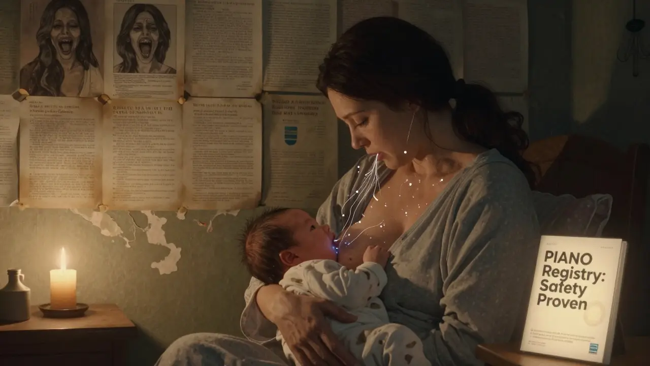 Mother breastfeeding as harmless medication threads flow to baby, while forgotten medical fears fade behind.