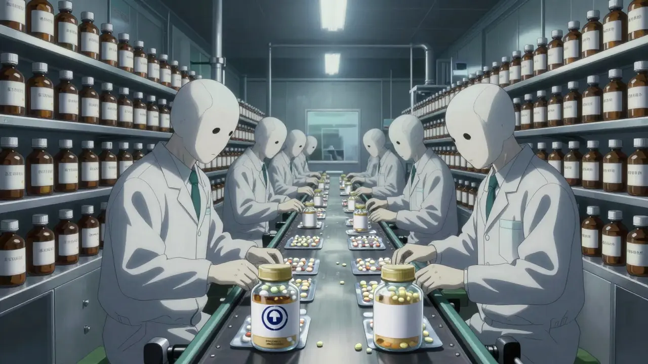 Nighttime pharmaceutical factory with faceless workers repackaging pills on a endless conveyor belt under cold fluorescent lights.
