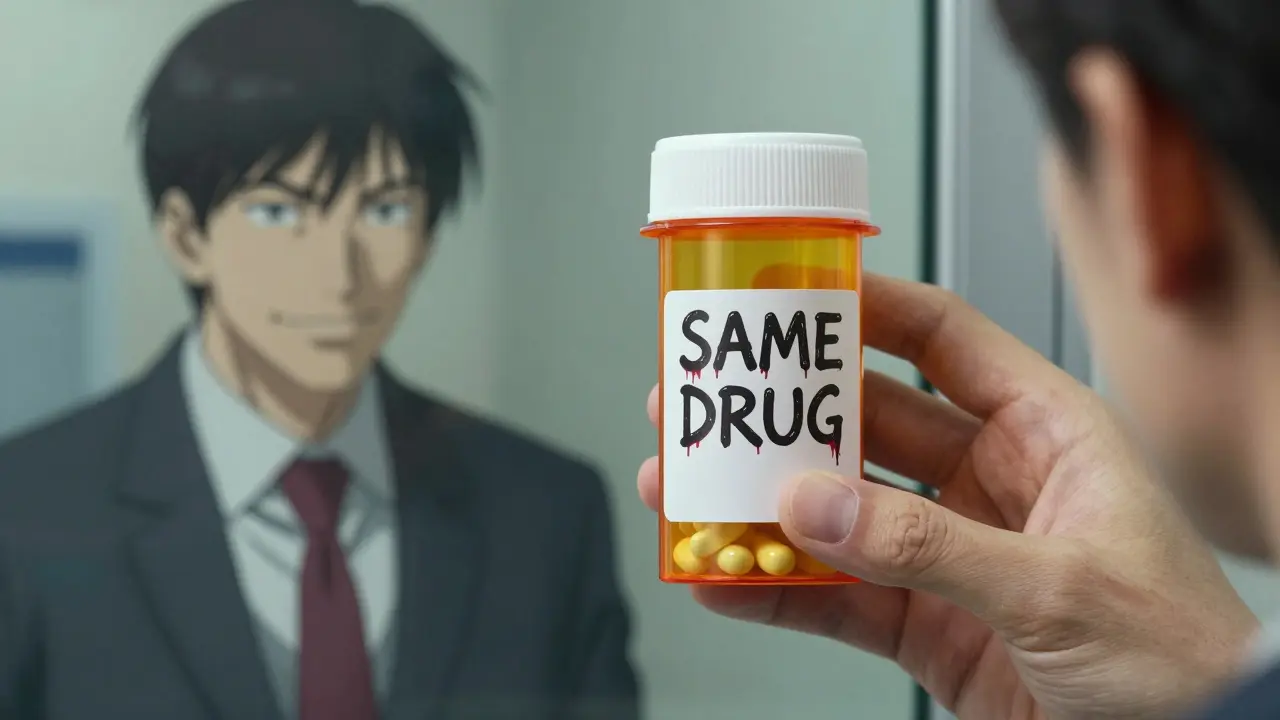 Patient holding a pill bottle, their reflection showing a corporate CEO smiling inside, labels peeling to reveal the original brand.