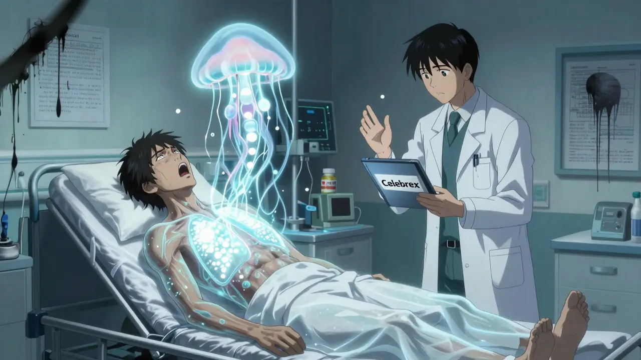 Patient in ER with glowing leukotriene tentacles in lungs, doctor holds Celebrex tablet as pill bottles whisper.