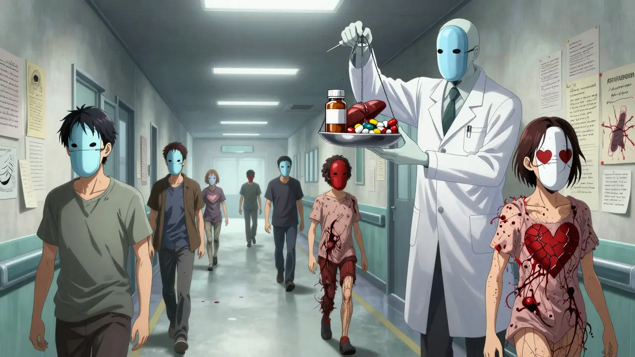 Patients in a looping hospital hallway wear pill masks as their bodies unravel into clots and hemorrhages.