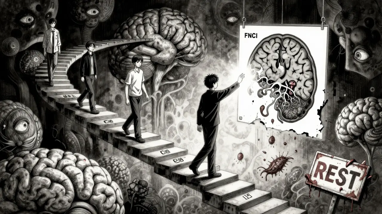Patients walk on brainstem staircases toward a peeling fNCI scan, while a 'REST' sign dissolves into maggots in a surreal clinic.