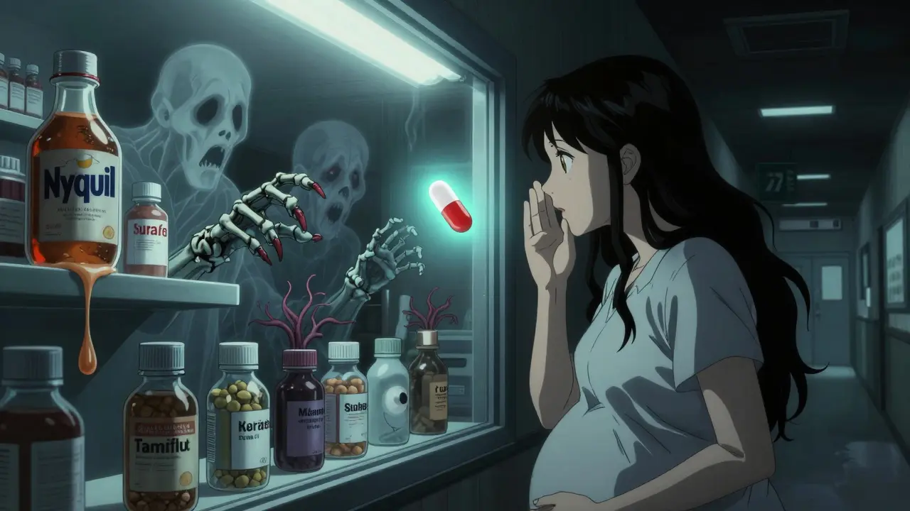Pregnant woman and pharmacist separated by glass, ghostly dangerous meds reaching out.
