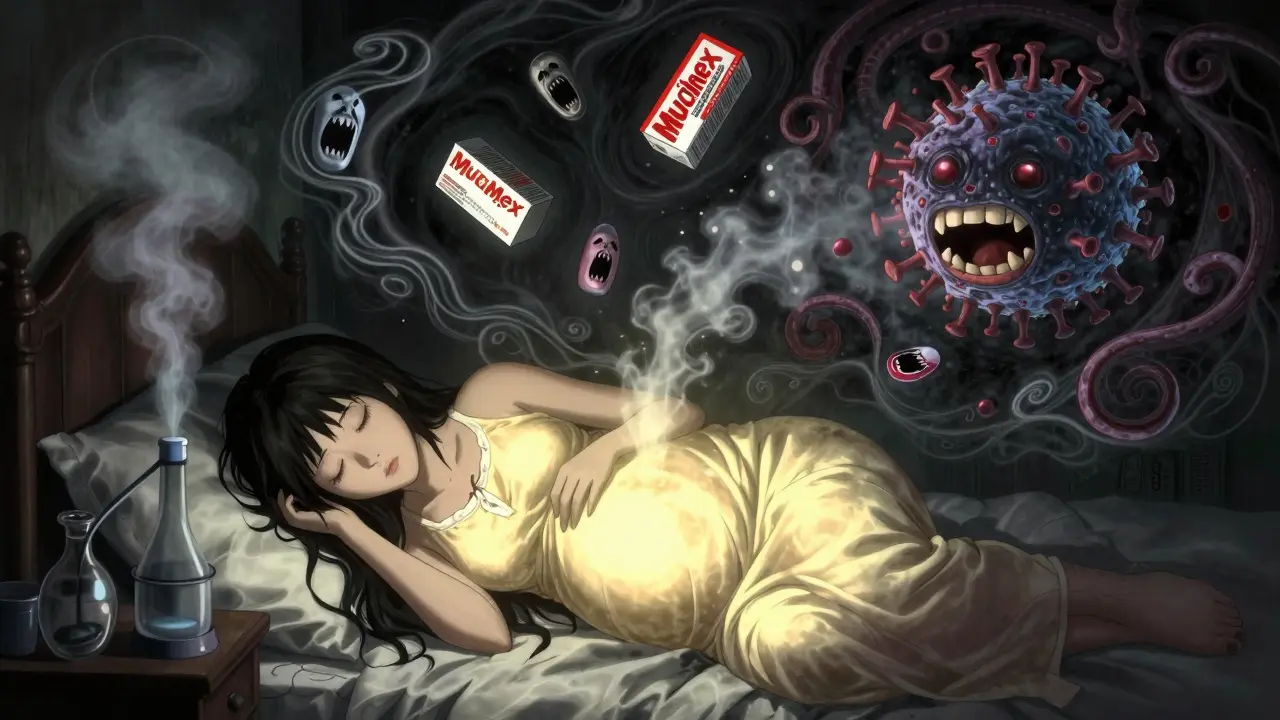 Sleeping pregnant woman protected by light as toxic medications dissolve into ash.