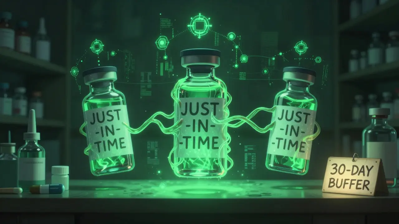 Three floating life-saving drugs being strangled by text filaments, with a small glowing sign reading '30-DAY BUFFER' in the corner.
