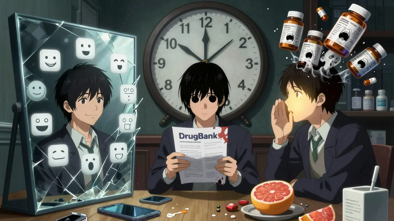 Three versions of a person reflect in a cracked mirror, surrounded by falling pill bottles and screaming faces.