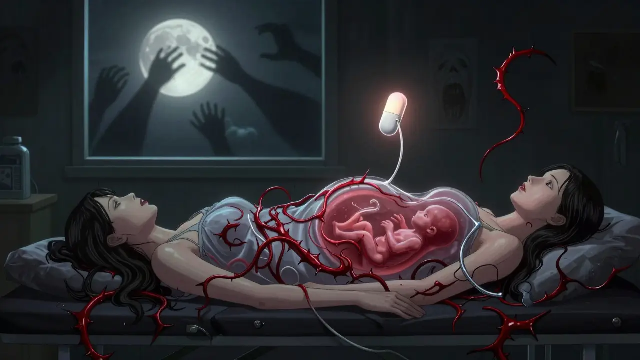 Transparent pregnant woman with toxic methotrexate tendrils vs. safe biologic threads over her fetus.