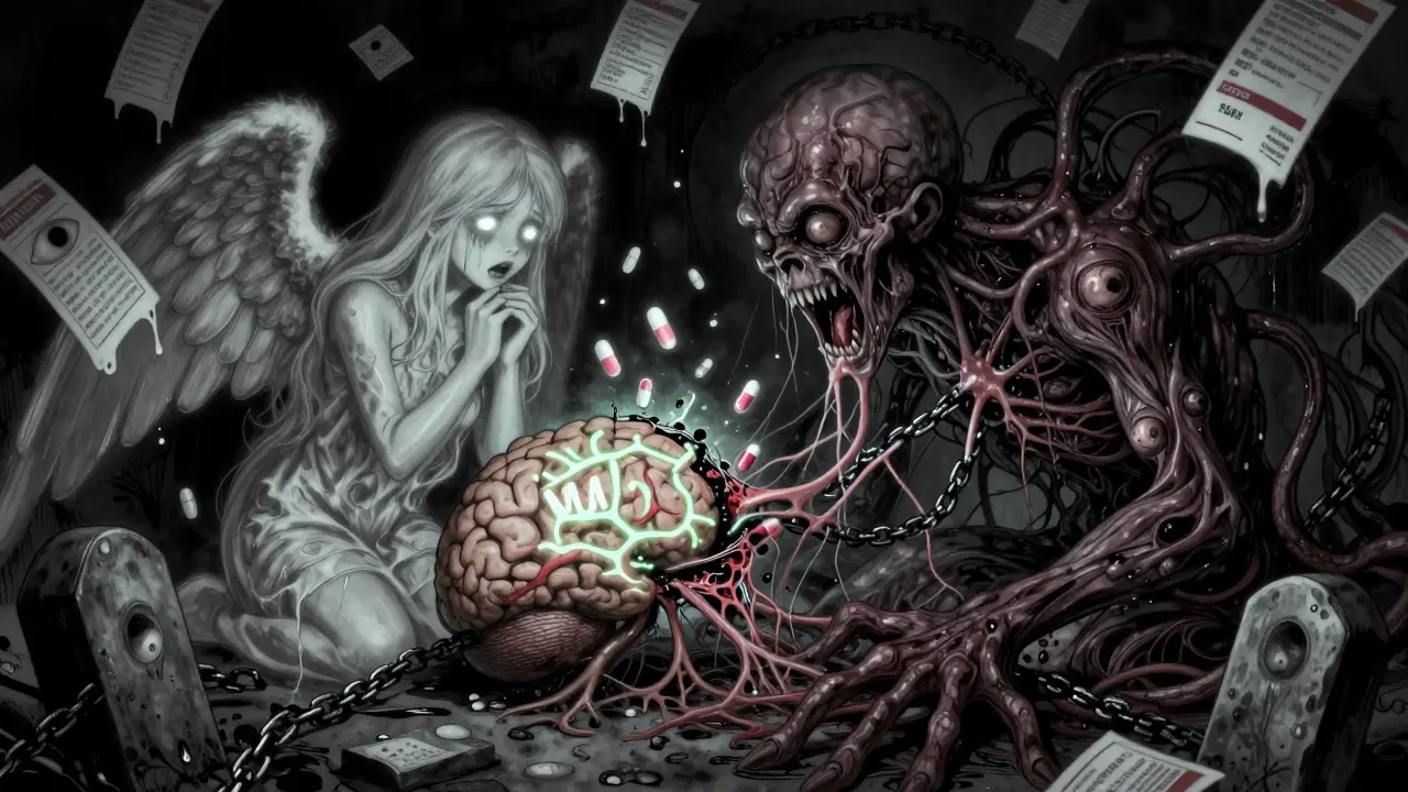 A brain horror with serotonin pathways overtaken by two monstrous drug entities, neurons screaming.