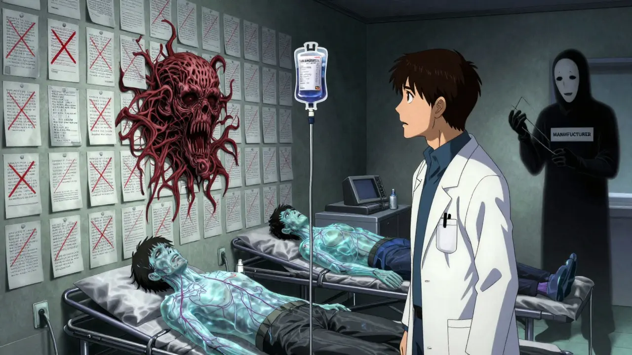 A doctor facing a wall of crossed-out prescriptions forming a monstrous face, patients waiting for unfulfilled life-saving drugs.