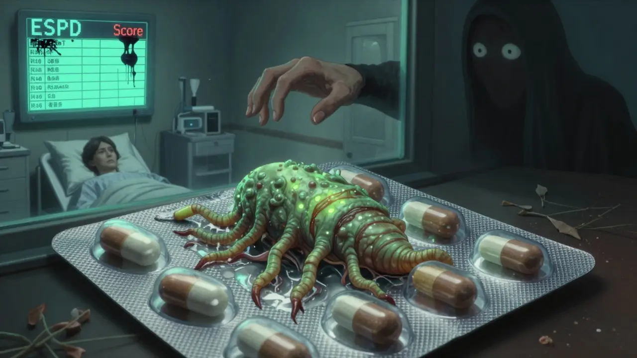 A drug blister pack transforms into a writhing organism while patients reach for empty air, under a bleeding digital form.