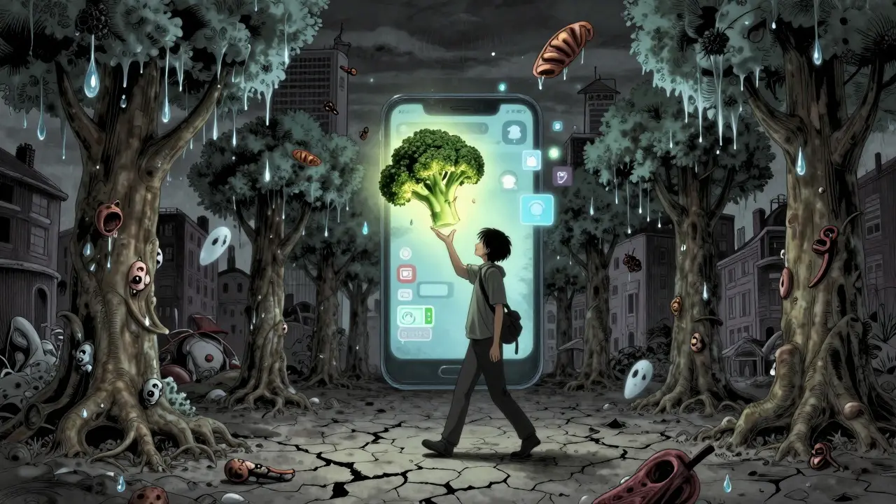 A figure reaches for a single vegetable in a surreal city of frozen tears and rotting food.