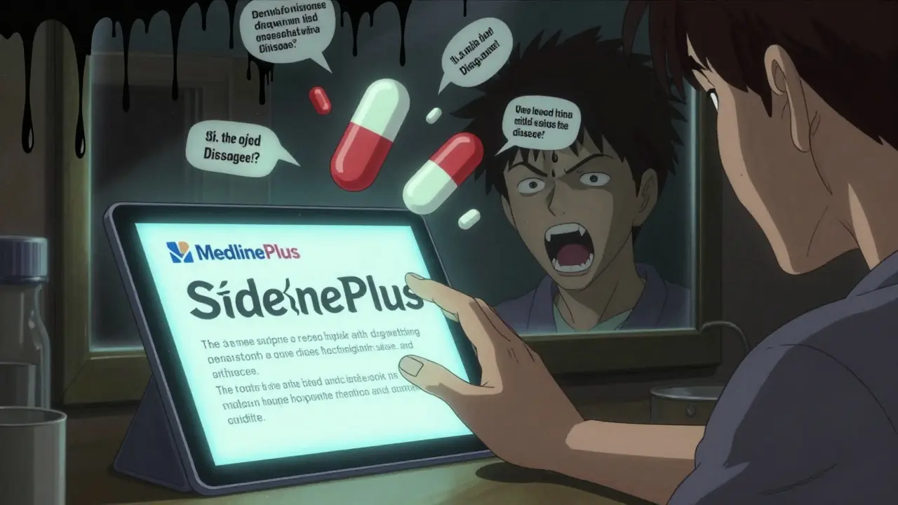 A hand reaches for a screen as drug names twist into screaming mouths, surrounded by floating capsules.