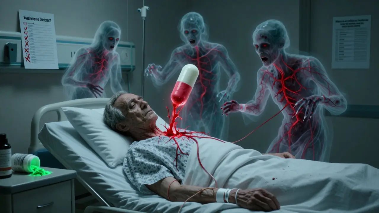 A hospitalized man is drained by spectral supplements, with a doctor's checklist showing undisclosed use.