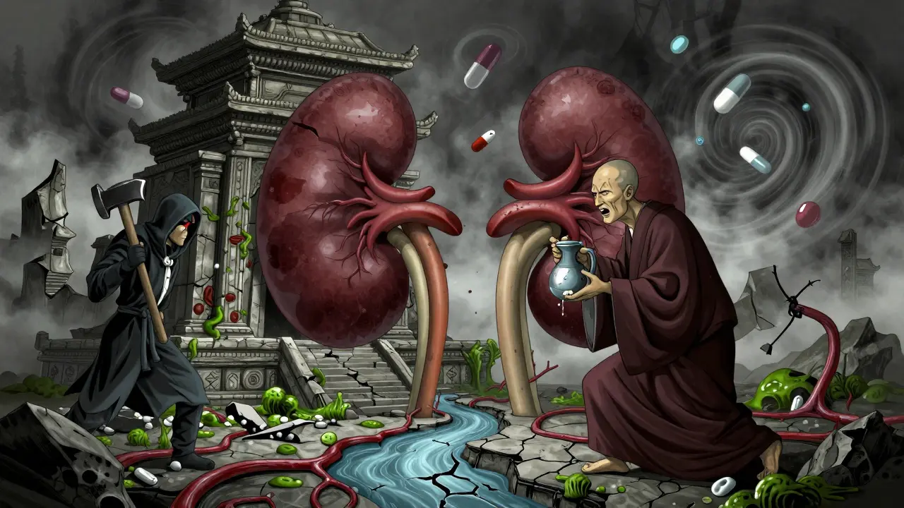 A kidney temple crumbling as two drug figures clash, with blood vessels turning to cracked riverbeds.