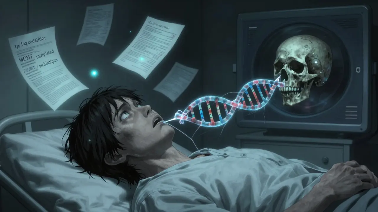 A patient being pulled by DNA hands from an MRI screen, medical markers floating around.