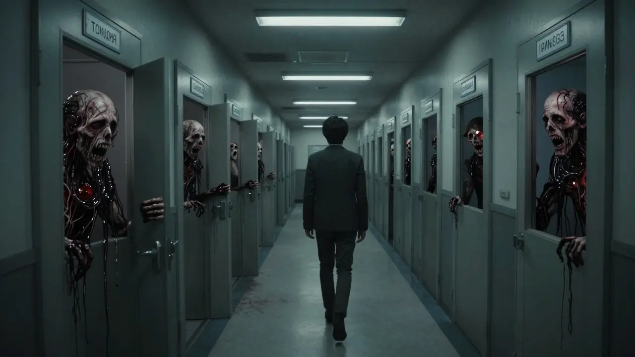 A person walking down a hallway of doors, each revealing a more mutated version of themselves.