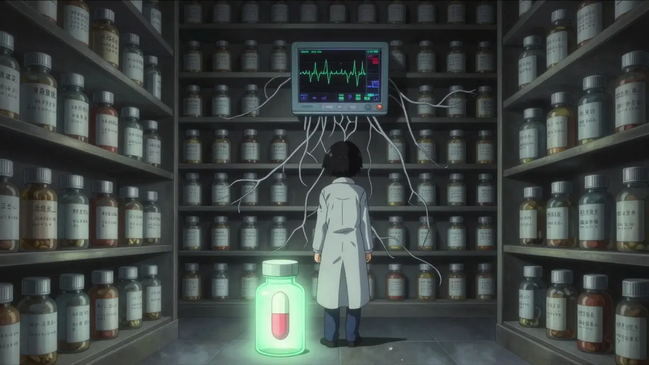 A pharmacist faces an endless shelf of pill bottles with crawling FDA codes, one glowing safely in front.