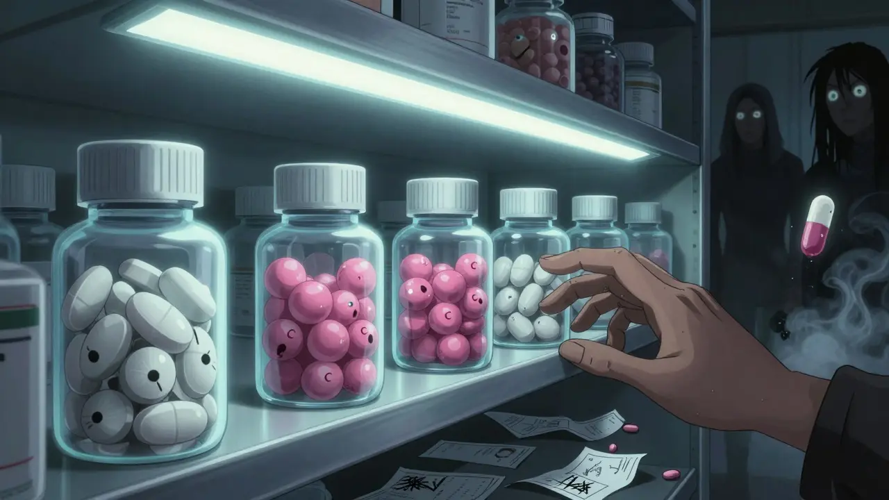 A pharmacy shelf with glowing, sentient pills of varying colors and shapes, while shadowy patients watch in despair as their forms dissolve into smoke.